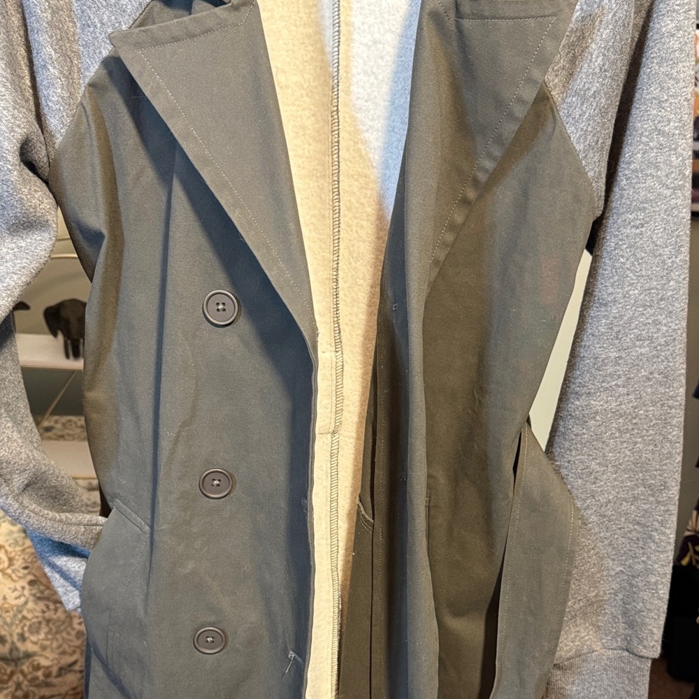 EUC Good American 2 Tone Olive Gray Fleece Mixed Media Midi Trench - Picture 9 of 14